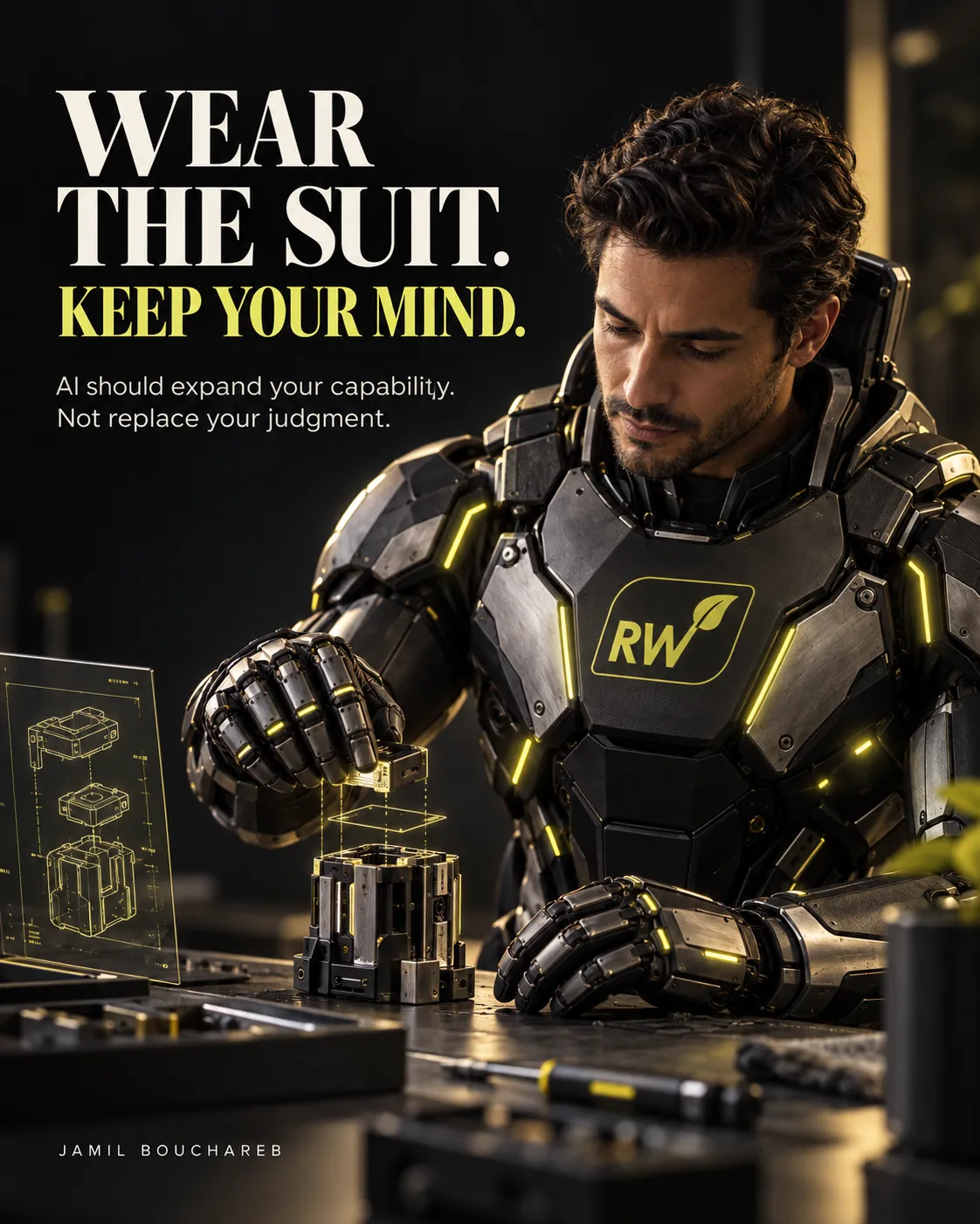 An armored builder with an RW leaf emblem working at a bench.