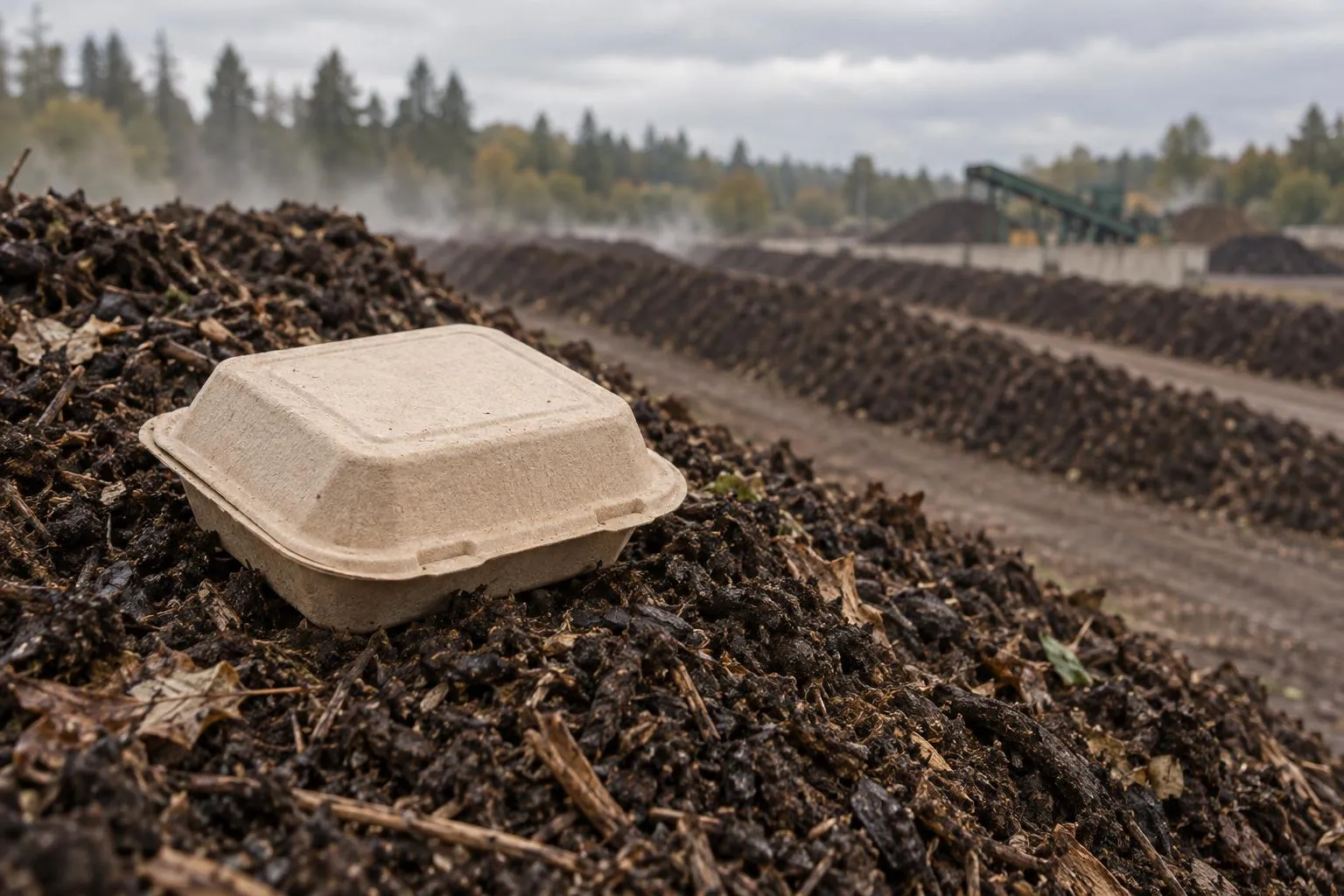 A molded-fiber takeout clamshell resting on a windrow of finished compost at an industrial composting facility.