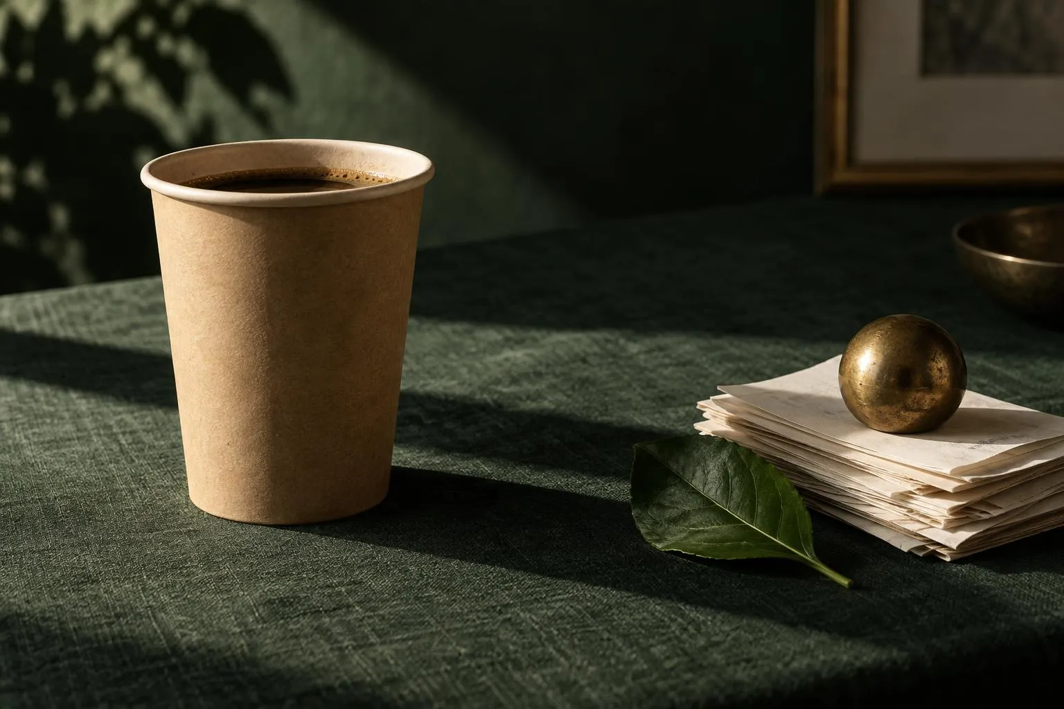 A plain kraft coffee cup beside a stack of folded receipts under a brass paperweight and a single green leaf.