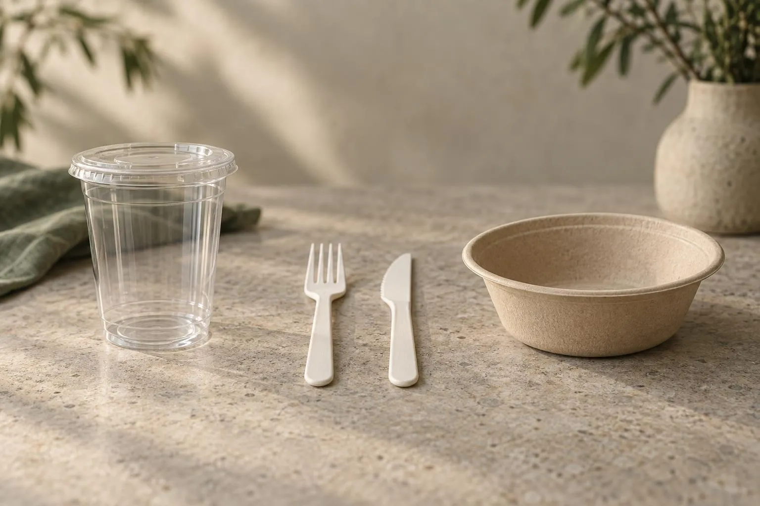 A clear PLA cup, white CPLA cutlery, and a tan bagasse bowl arranged in a row on a stone surface.