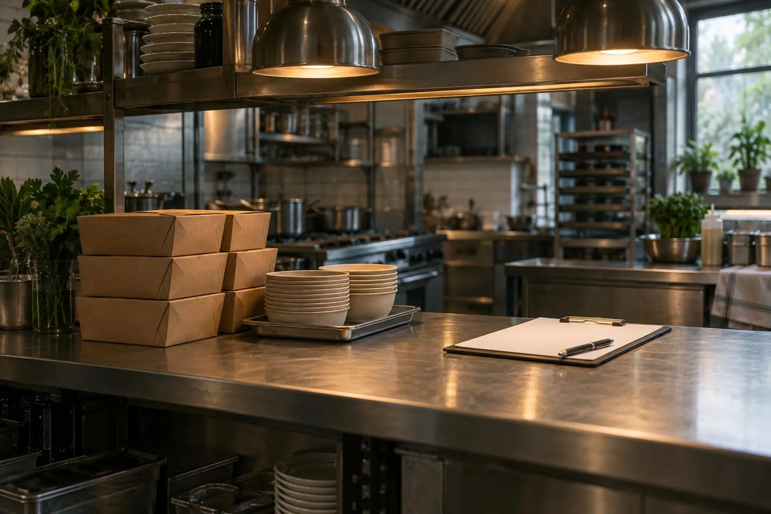Stacked kraft takeout boxes and molded-fiber bowls on a stainless-steel restaurant pass.