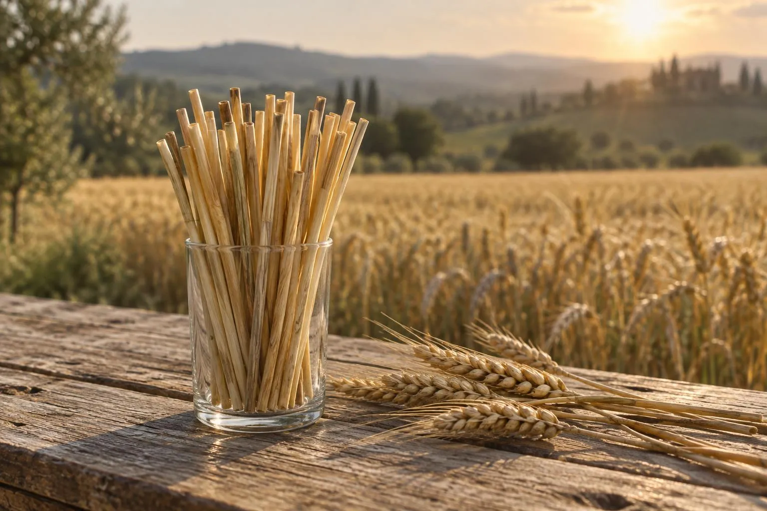 A bundle of natural wheat-stem drinking straws in a glass on a wooden table, wheat field behind.