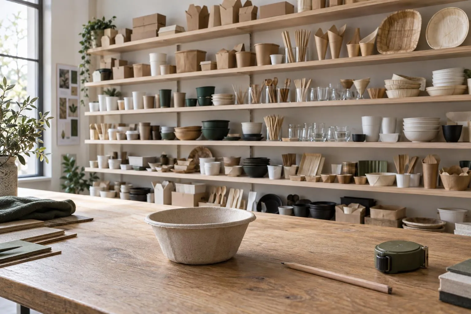 A long wall of pale wooden sample shelves in a design studio, filled with hundreds of different serving pieces in fiber, kraft paper, bamboo, palm leaf, glass and porcelain, with a single prototype bowl, a pencil and a tape measure on the worktable in front.